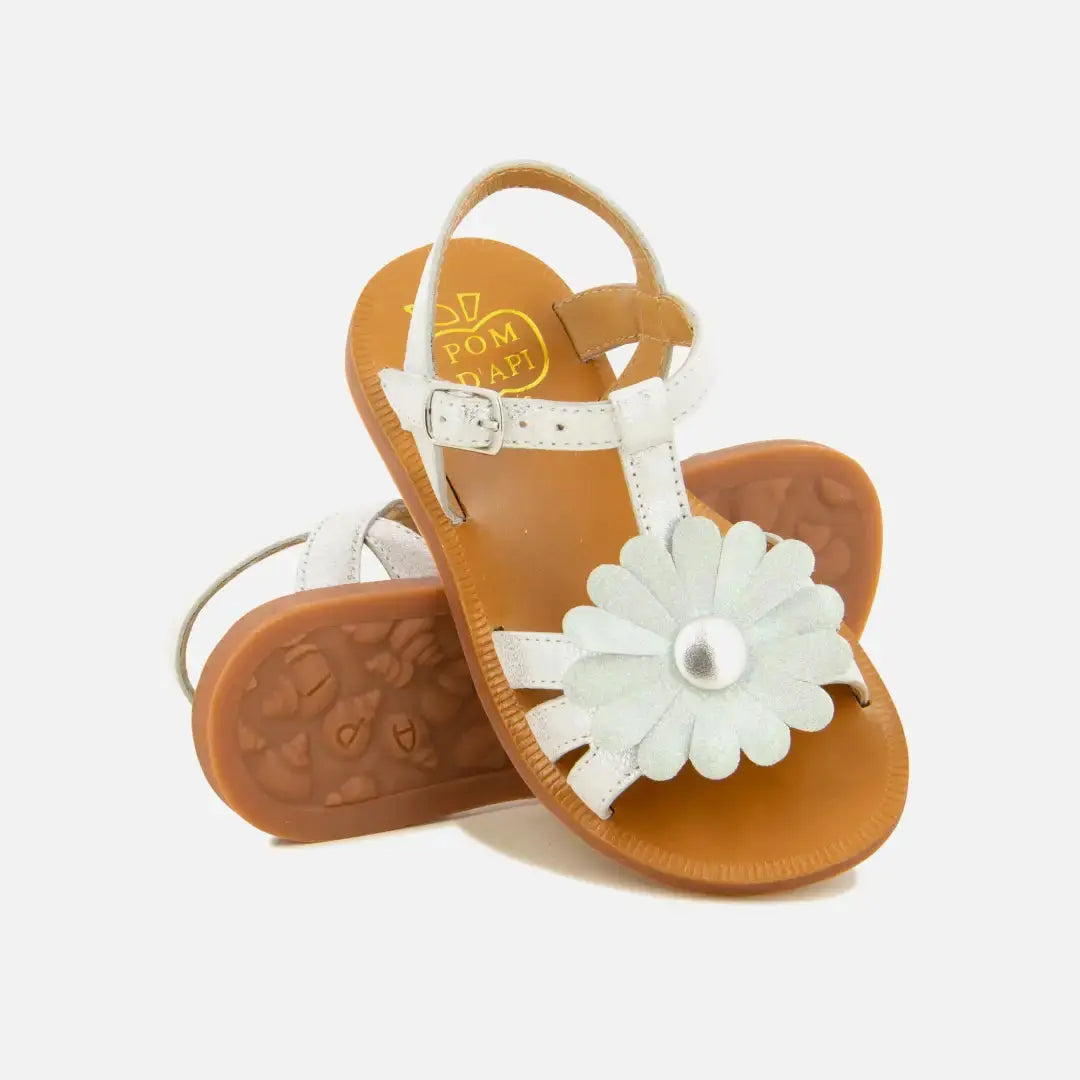 pom-d-api-plagette-big-flo-sandale-enfant-blanc-argent-fleur image 2