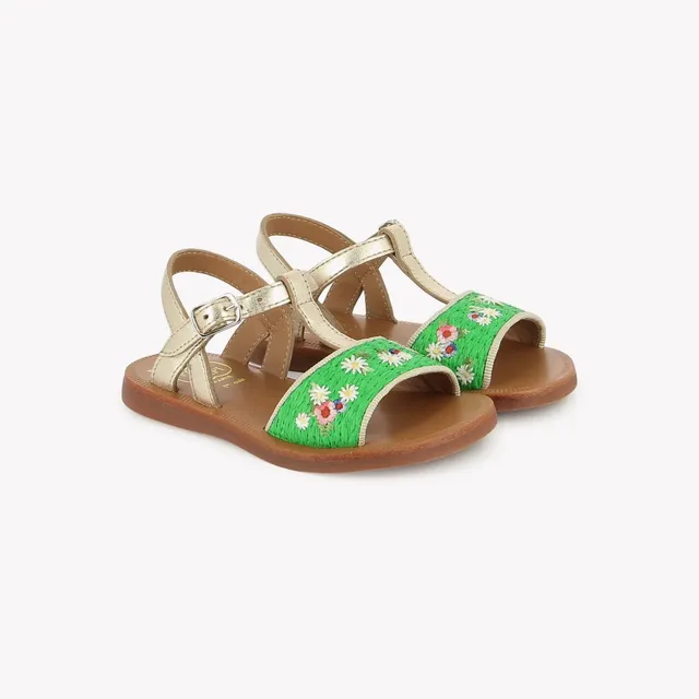 pom-d-api-plagette-raphia-brod-sandale-fille-vert-platine image 1