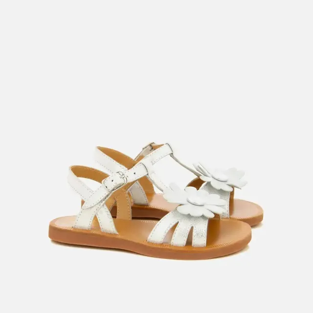 pom-d-api-plagette-big-flo-sandale-enfant-blanc-argent-fleur image 1
