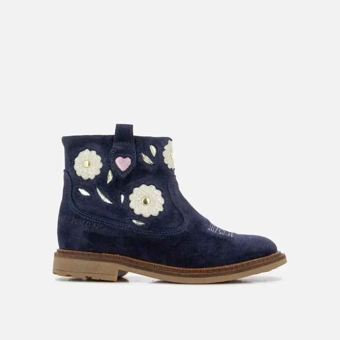 pom-d-api-sister-boots-wendy-bottine-fille-cuir-velours-bleu-fleurs image 2