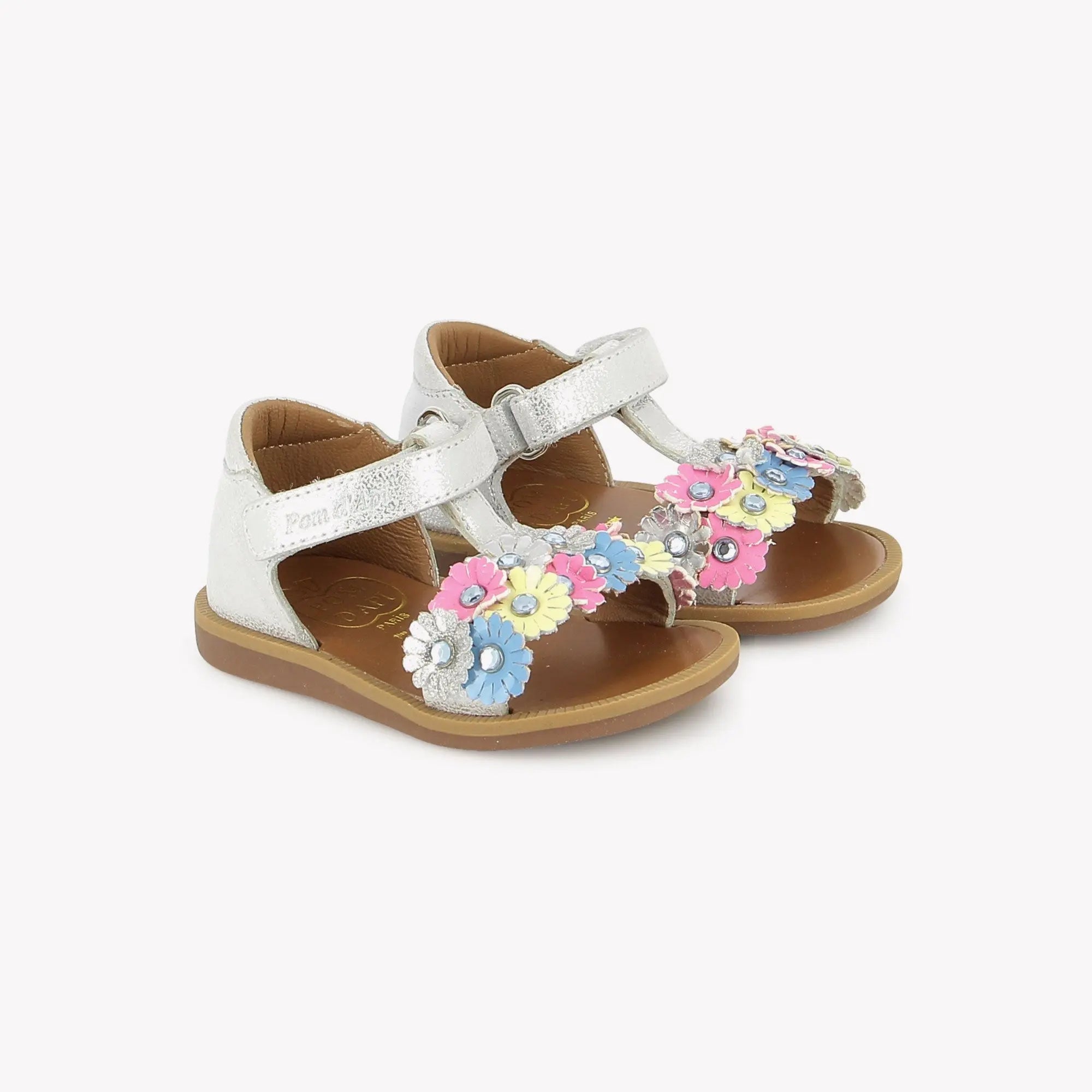 pom-d-api-poppy-strass-flowers-sandales-premiers-pas-silver-multi image 1