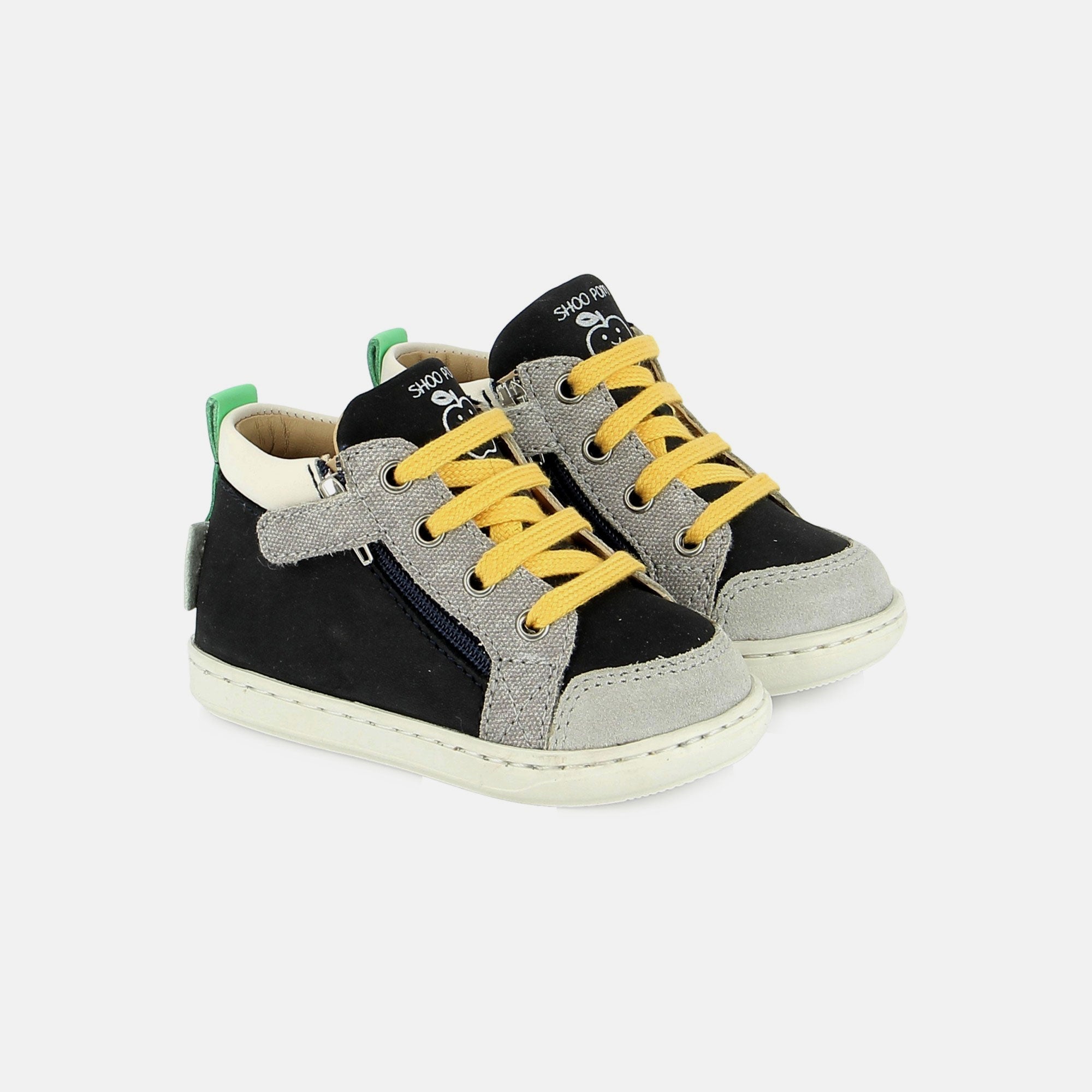 shoo-pom-bouba-bi-zip-baskets-premiers-pas-cuir-nubuck-navy-grey image 1