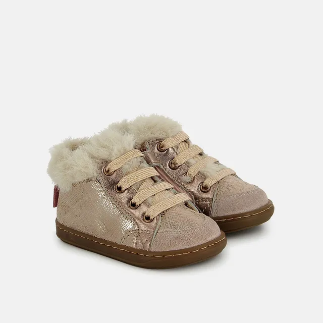 shoo-pom-bouba-zip-hair-bottines-premiers-pas-b-b-cuir-rose-fourr-es-zip image 1